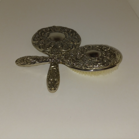 Vintage Silver Tone Ornate Brush & Mirror Set - Picture 5 of 13